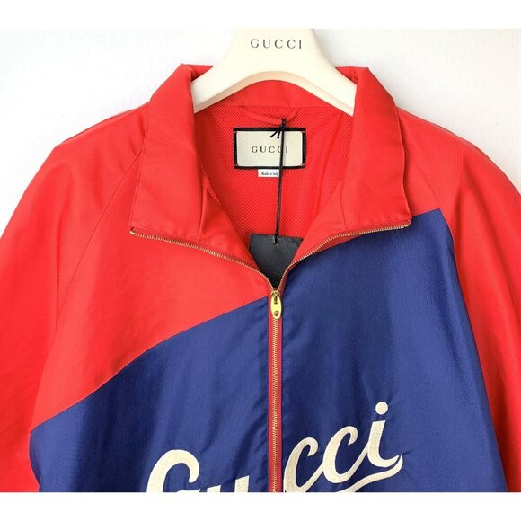 NWT Gucci Men Nylon Jacket Gucci Script Red Lightweight Canvas Nylon Blue - Picture 6 of 16